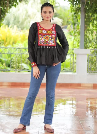 Black Fancy Fabric Gamthi Work Party Wear Kurti for Ceremonial