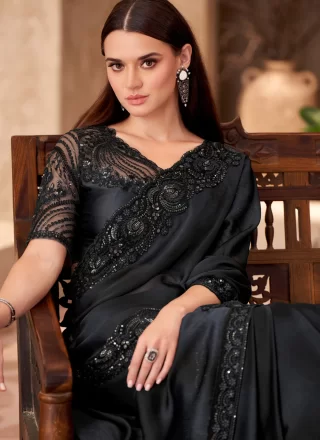 Black Faux Chiffon Designer Sari with Patch Border, Embroidered and Lace Work