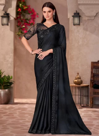 Black Faux Chiffon Designer Sari with Patch Border, Embroidered and Lace Work