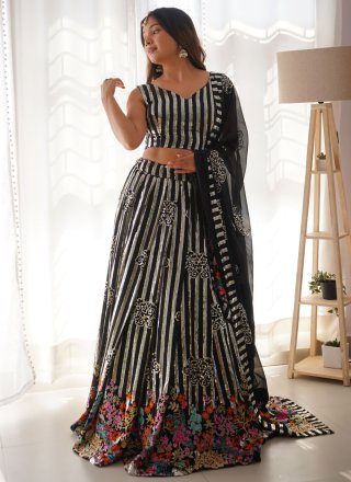 Black Faux Georgette Embroidered, Fancy, Lace, Sequins, Thread and Zari Work Lehenga Choli for Festival