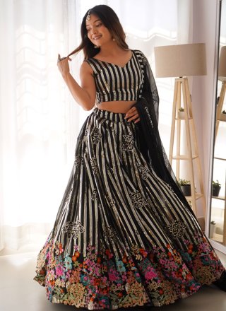 Black Faux Georgette Embroidered, Fancy, Lace, Sequins, Thread and Zari Work Lehenga Choli for Festival