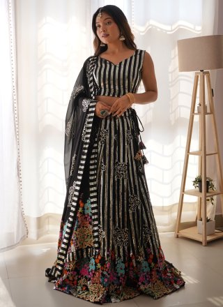 Black Faux Georgette Embroidered, Fancy, Lace, Sequins, Thread and Zari Work Lehenga Choli for Festival