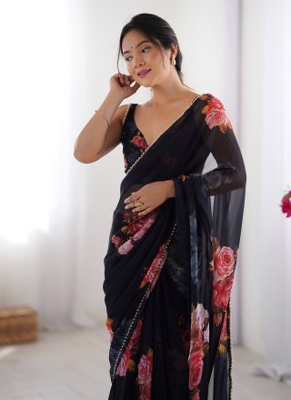 Black Georgette Classic Saree with Patch Border, Hand, Lace, Moti and Print Work