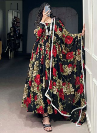 Black Georgette  Designer Gown with Floral Patch and Lace Work