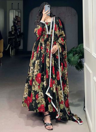 Black Georgette  Designer Gown with Floral Patch and Lace Work