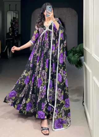 Black Georgette Designer Gown with Floral Patch and Lace Work for Ceremonial