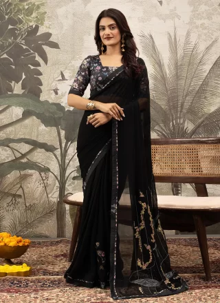 Black Georgette Diamond and Thread Work Contemporary Sari for Casual