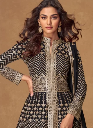 Black Georgette Embroidered and Zari Work Readymade Lehenga Choli for Engagement