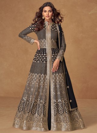 Black Georgette Embroidered and Zari Work Readymade Lehenga Choli for Engagement