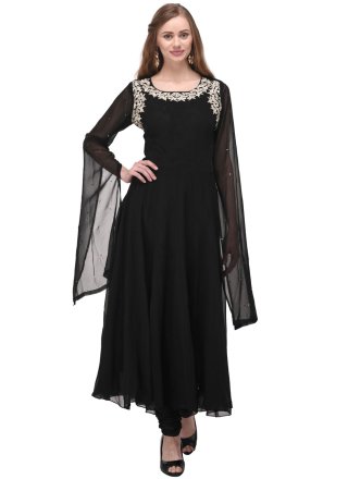 Black Georgette Embroidered Work Churidar Suit