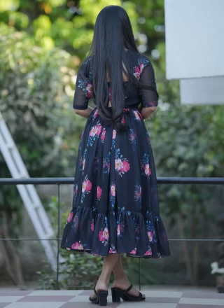 Black Georgette Floral Patch and Print Work Casual Kurti