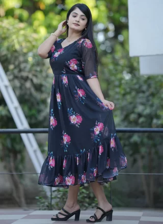 Black Georgette Floral Patch and Print Work Casual Kurti