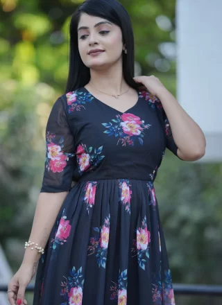 Black Georgette Floral Patch and Print Work Casual Kurti