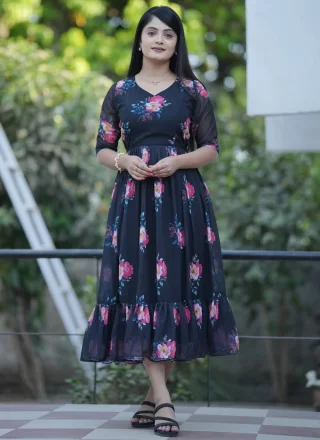 Black Georgette Floral Patch and Print Work Casual Kurti