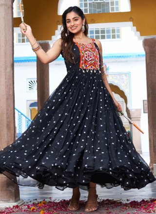 Black Georgette Gamthi, Mirror and Polka Dotted Work  Designer Gown for Ceremonial