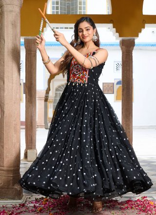 Black Georgette Gamthi, Mirror and Polka Dotted Work  Designer Gown for Ceremonial