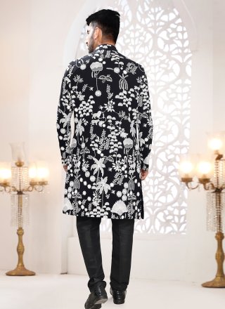 Black Georgette Indo Western with Embroidered, Sequins and Thread Work for Men