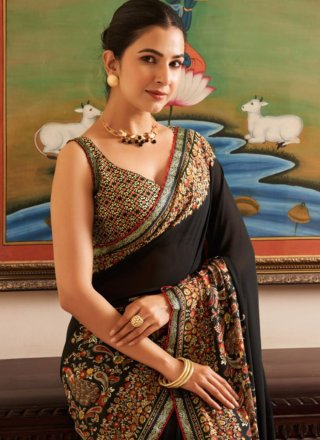 Black Georgette Paisley Print Work Classic Saree
