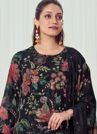 Black Georgette Pant Style Suit with Digital Print and Sequins Work for Ceremonial