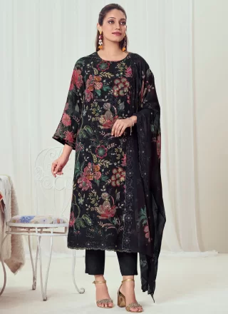 Black Georgette Pant Style Suit with Digital Print and Sequins Work for Ceremonial