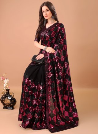 Black Georgette Sequins and Thread Work Designer Saree for Ceremonial