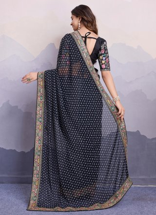 Black Georgette Trendy Saree with Bandhej, Embroidered and Print Work for Casual