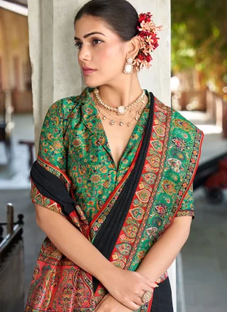 Black Georgette Trendy Saree with Foil Print and Lucknowi Work Work for Ceremonial