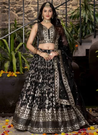 Black Jacquard A - Line Lehenga Choli with Embroidered, Jacquard, Sequins and Zari Work for Ceremonial