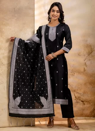 Black Jacquard and Weaving Work Blended Cotton Salwar Suit