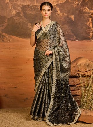 Black JIMMY CHU Contemporary Sari with Patch Border, Embroidered and Zari Work