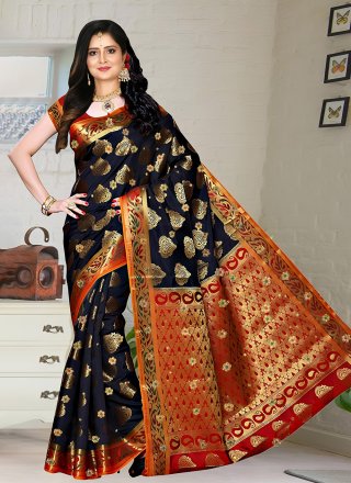 Black Kanjivaram Silk Classic Sari with Hand Work for Ceremonial