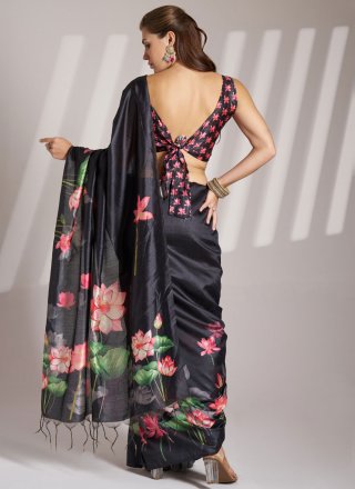 Black Linen Classic Sari with Floral Patch Work