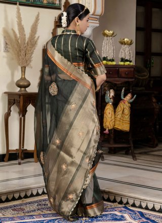 Black Linen Cut Dana, Woven and Zari Work Traditional Saree