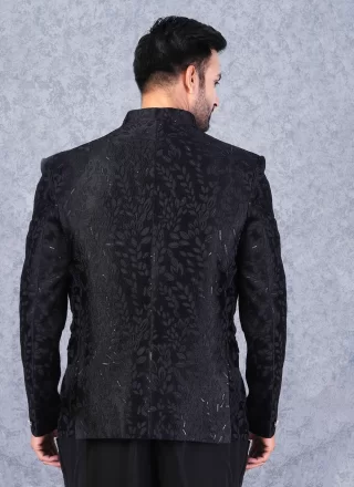 Black Lucknowi Jodhpuri Suit with Buttons and Print Work