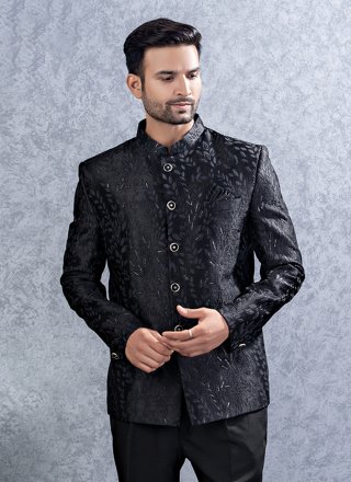 Black Lucknowi Jodhpuri Suit with Buttons and Print Work