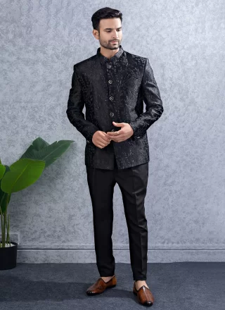 Black Lucknowi Jodhpuri Suit with Buttons and Print Work