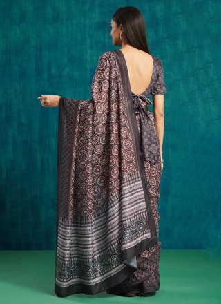 Black Muslin Digital Print Work Classic Saree