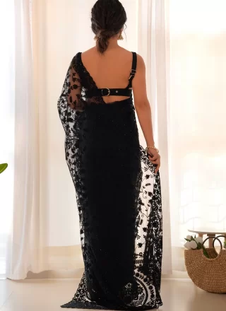 Black Net Classic Sari with Aari, Embroidered and Stone Work