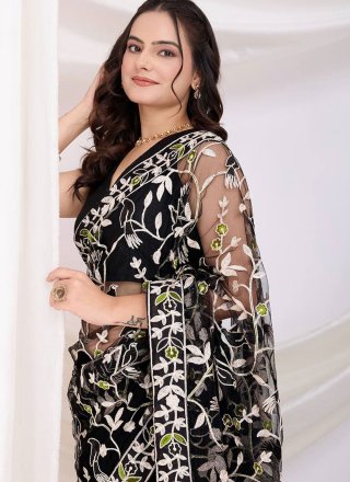 Black Net Classic Sari with Chikankari and Machine Embroidery Work for Casual