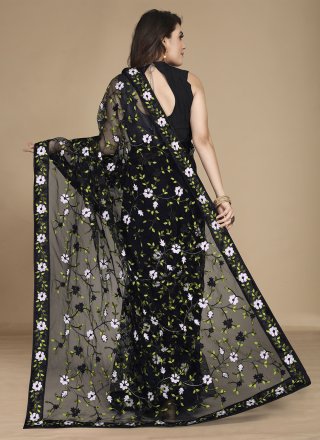 Black Net Contemporary Saree with Embroidered, Multi and Thread Work for Casual