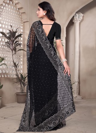 Black Net Diamond, Embroidered, Resham, Zari and Zircon Work Classic Saree