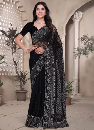 Black Net Diamond, Embroidered, Resham, Zari and Zircon Work Classic Saree