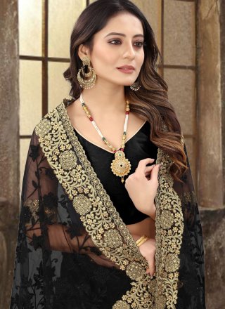 Black Net Embroidered, Resham, Stone and Zari Work Classic Sari