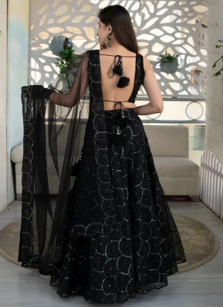 Black Net Embroidered, Sequins and Thread Work A - Line Lehenga Choli for Ceremonial