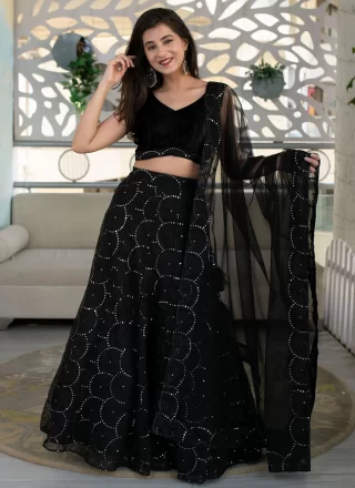 Black Net Embroidered, Sequins and Thread Work A - Line Lehenga Choli for Ceremonial