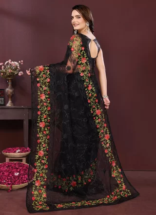 Black Net Embroidered Work Classic Saree