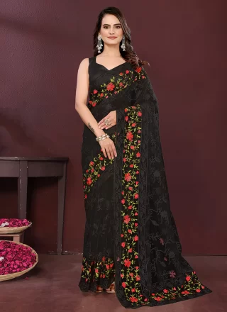 Black Net Embroidered Work Classic Saree