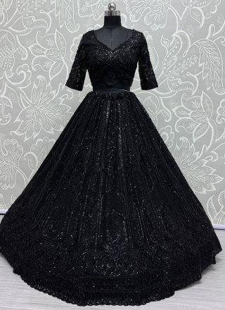 Black Net Readymade Lehenga Choli with Embroidered, Fancy, Floral Patch, Hand, Moti and Sequins Work