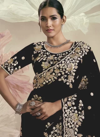 Black Organza Cord, Cut, Embroidered, Sequins and Zari Work Traditional Saree