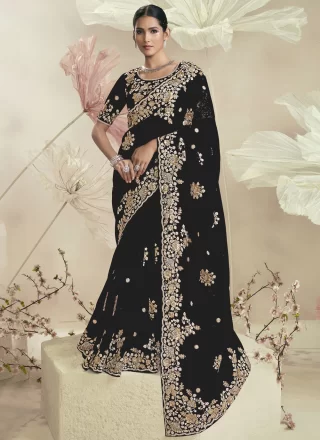 Black Organza Cord, Cut, Embroidered, Sequins and Zari Work Traditional Saree